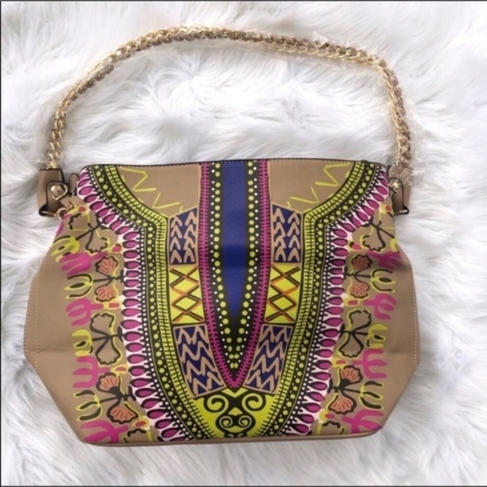 Bohemian satchel tan tribal print shoulder strap with chain zip top - Picture 4 of 9